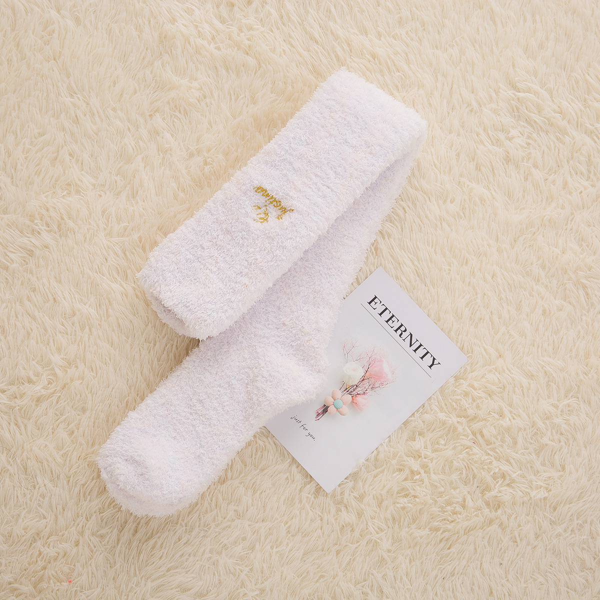 The Winter Coral Velvet Knee Socks Cute Embroidery Thickening Long-barreled Home Floor Socks Women